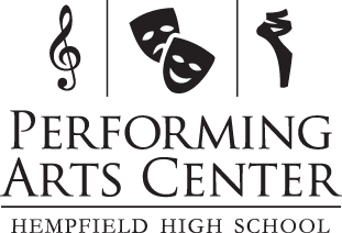Performing Arts Center logo - musical note, theater masks, ballet shoe 